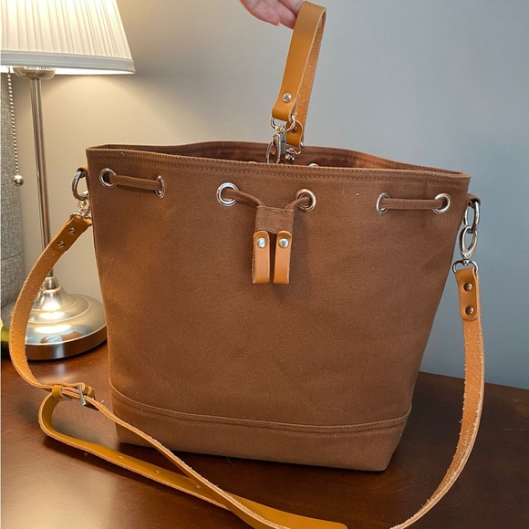 Canvas Bucket Bag with Leather Straps - Picture 6 of 7